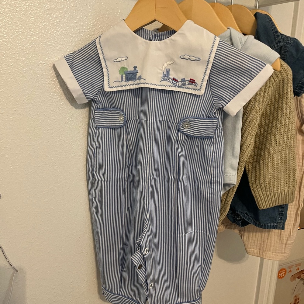 Blue Striped Baby Romper with Train Embroidery